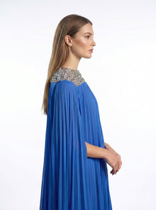 Eleanor Royal Blue Pleated Crystal Embellished Cape Gown