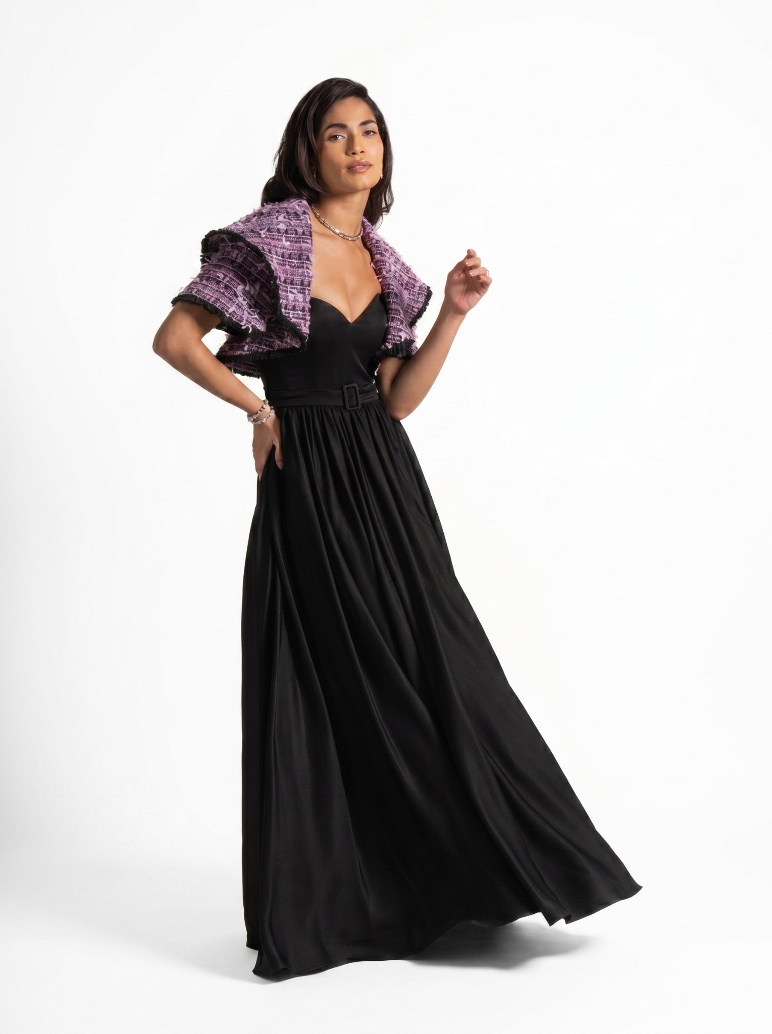 Zyra Black Sweetheart Gown with Structured Tweed Jacket Set