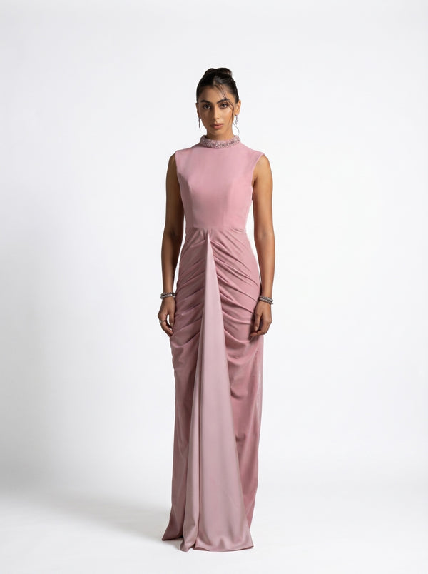 Ladan Pink Quartz Sleeveless Crystal Embellished Gown