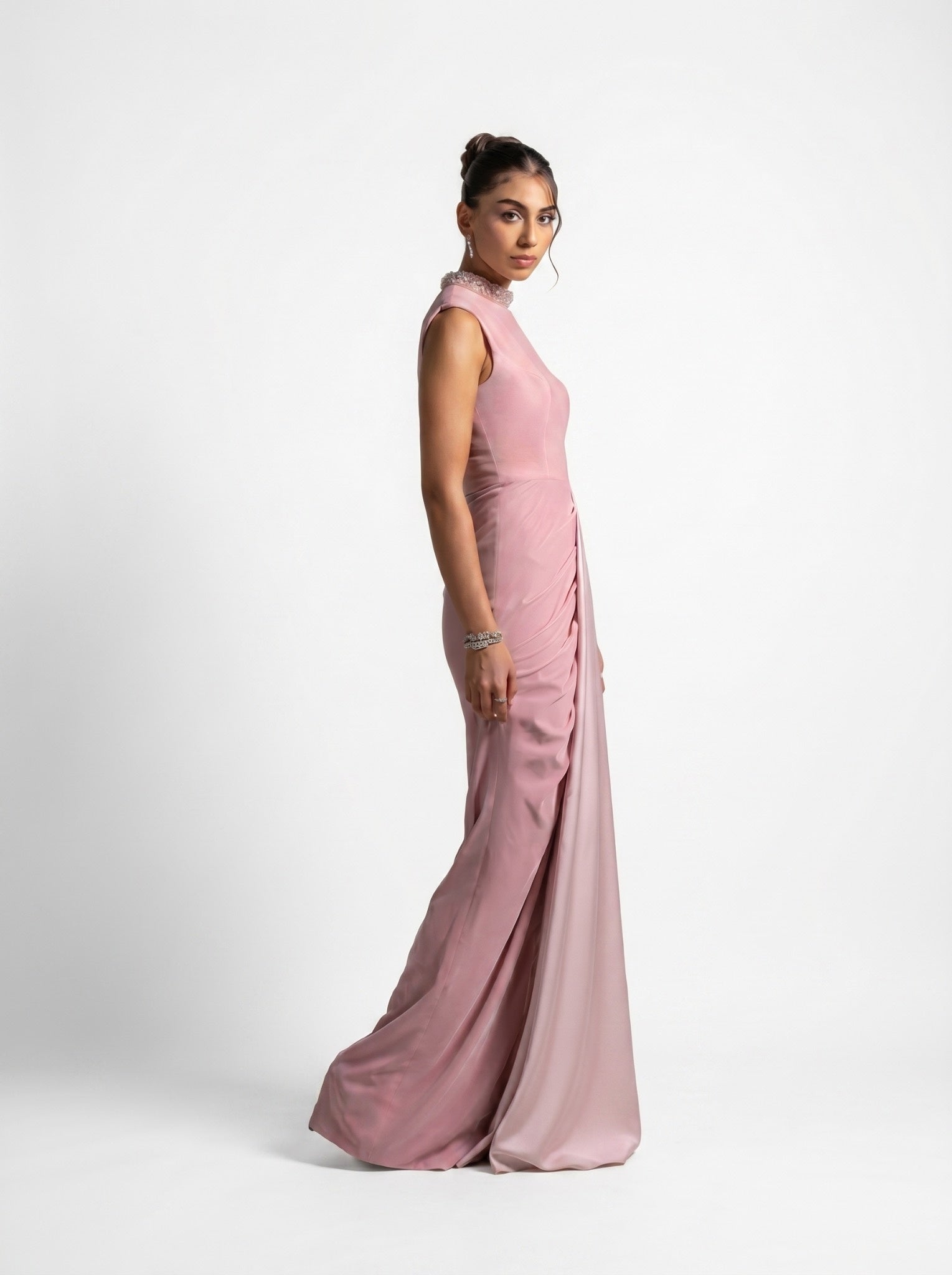 Ladan Pink Quartz Sleeveless Crystal Embellished Gown