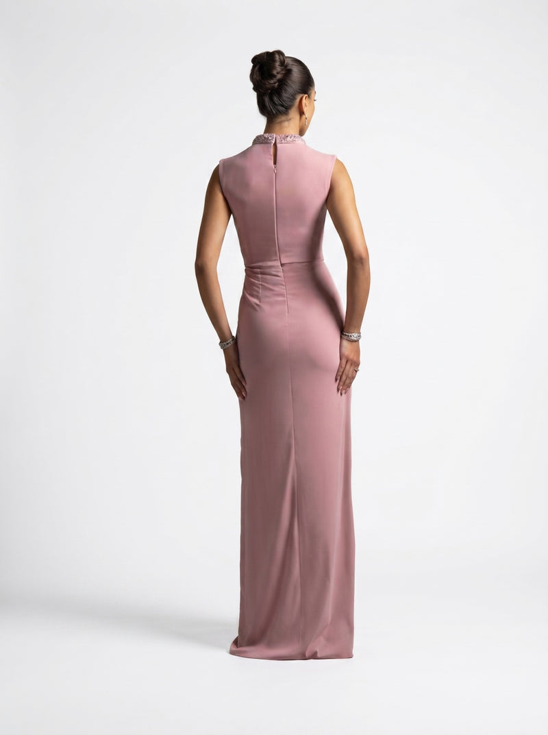 Ladan Pink Quartz Sleeveless Crystal Embellished Gown