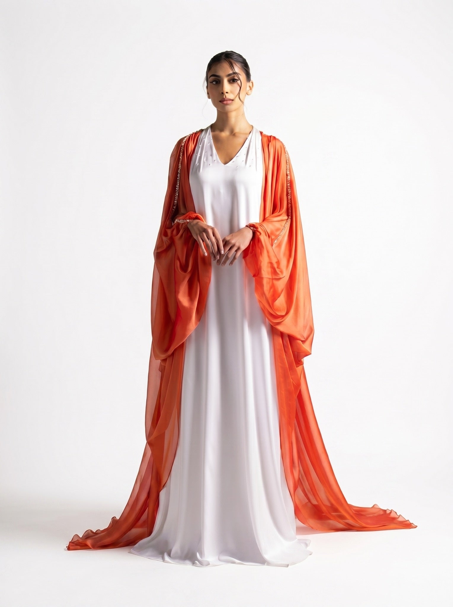 Laila Off White Burnt Orange Organza Abaya Gown Set