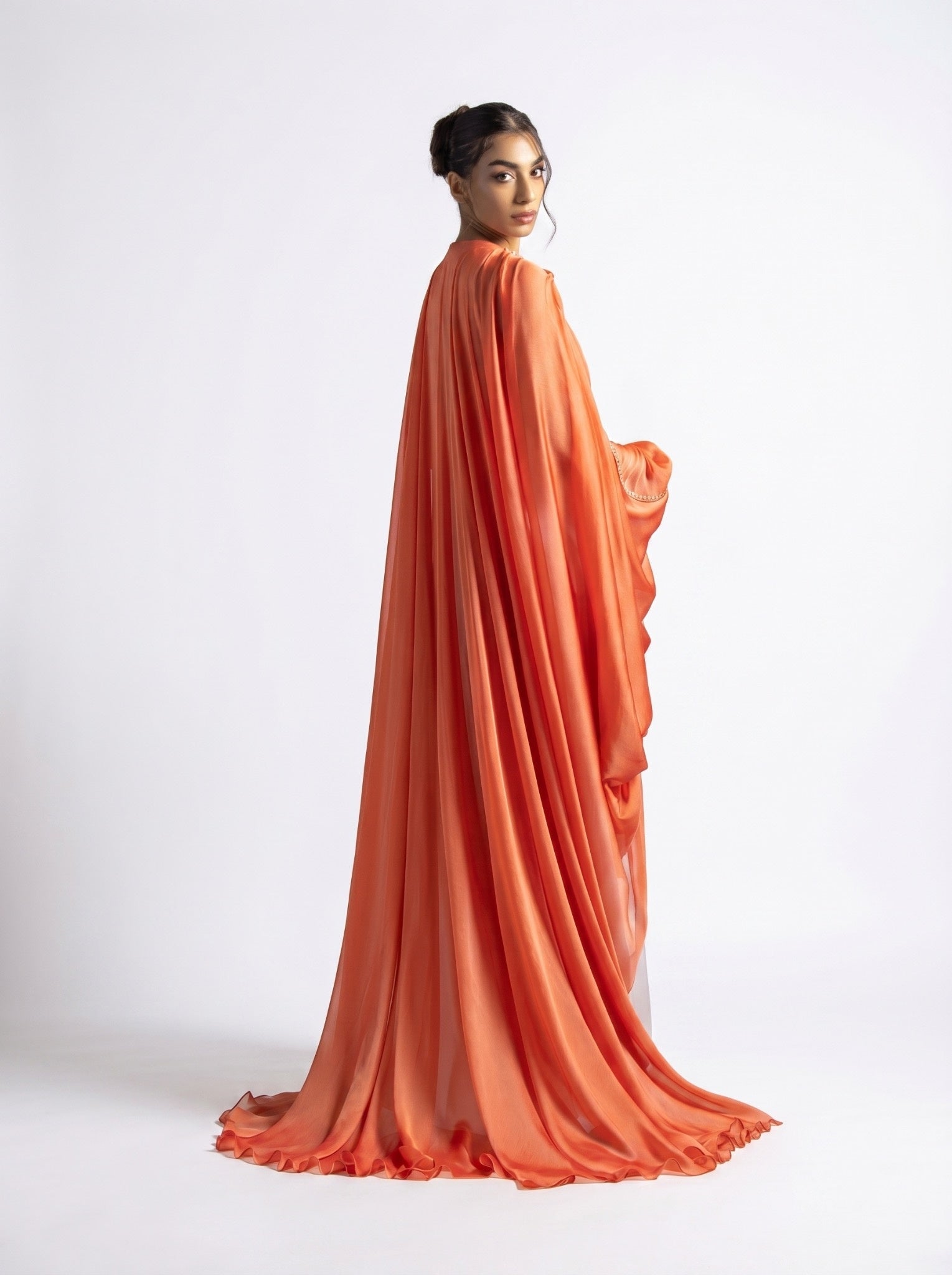 Laila Off White Burnt Orange Organza Abaya Gown Set
