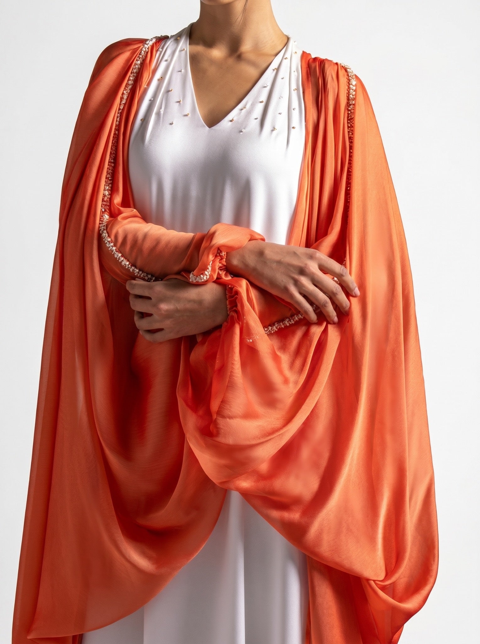 Laila Off White Burnt Orange Organza Abaya Gown Set