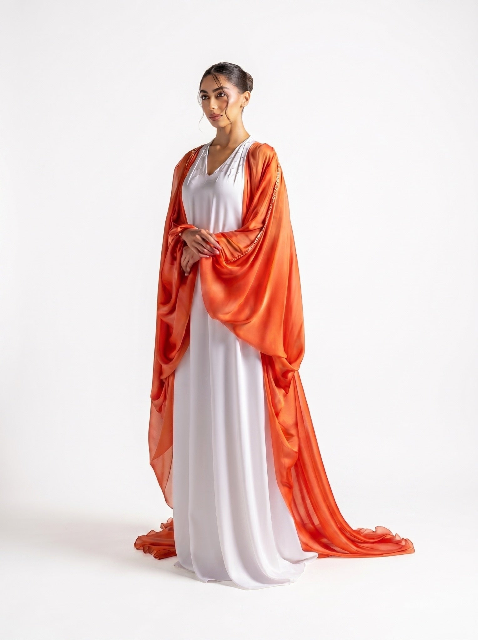 Laila Off White Burnt Orange Organza Abaya Gown Set