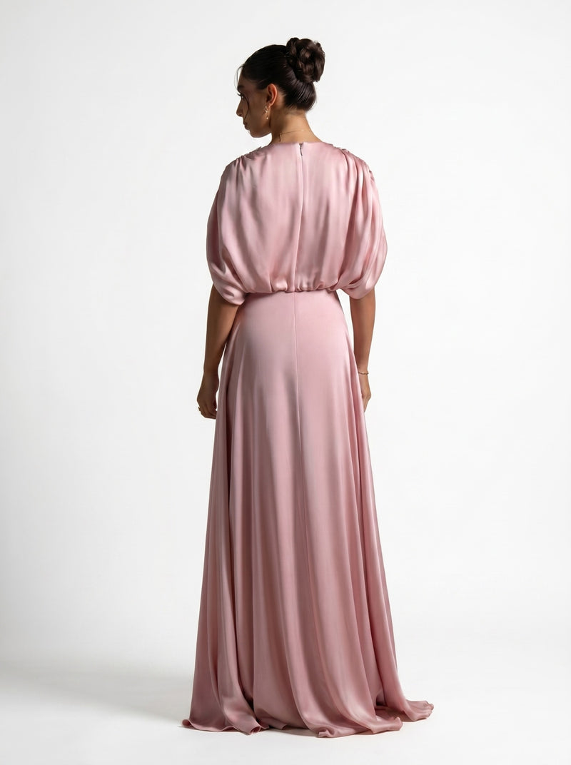 Lara Baby Pink Gathered Embellished Flowing Gown