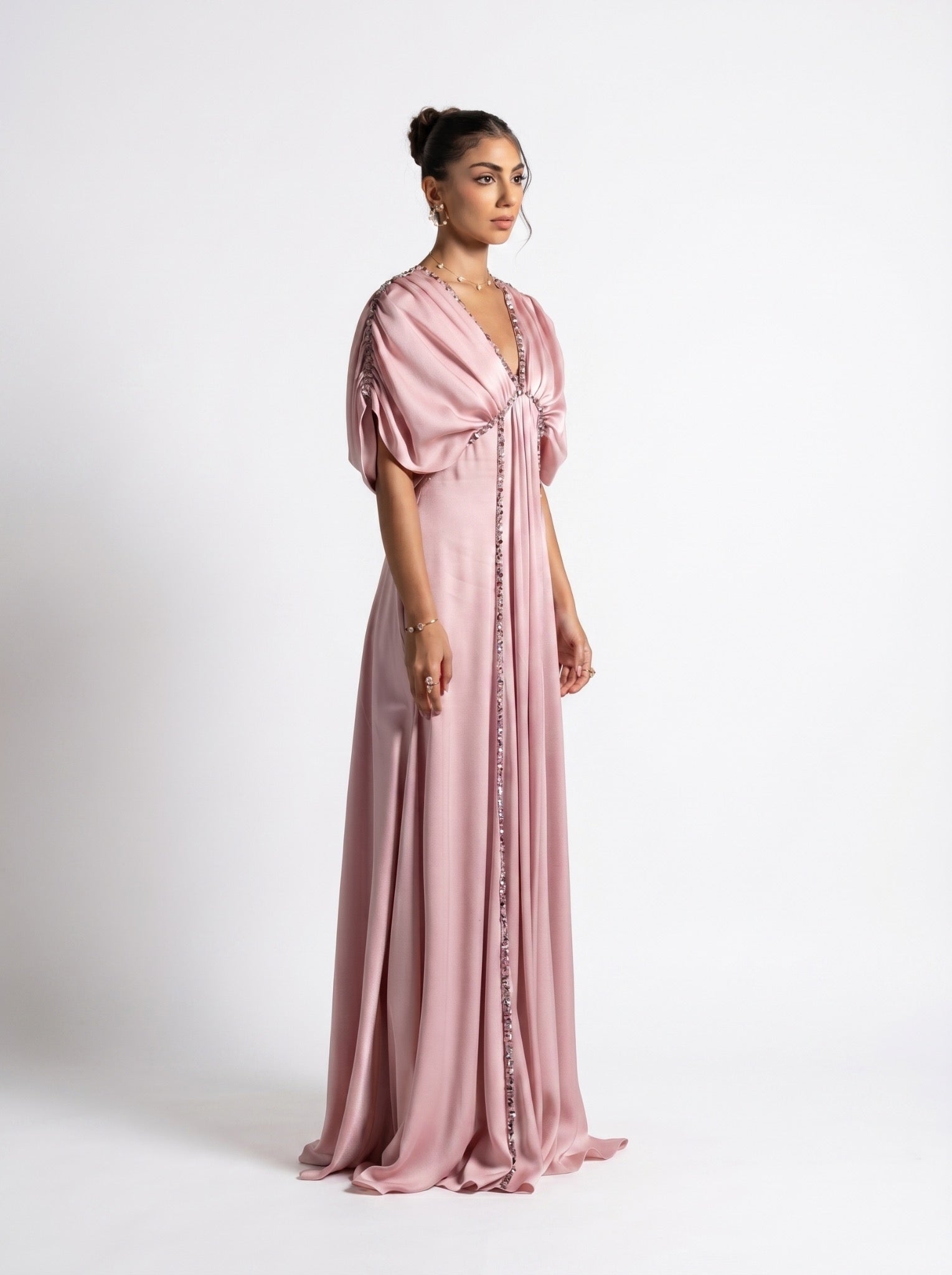 Lara Baby Pink Gathered Embellished Flowing Gown