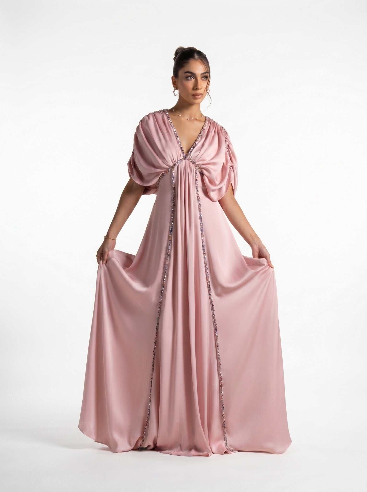 Lara Baby Pink Gathered Embellished Flowing Gown