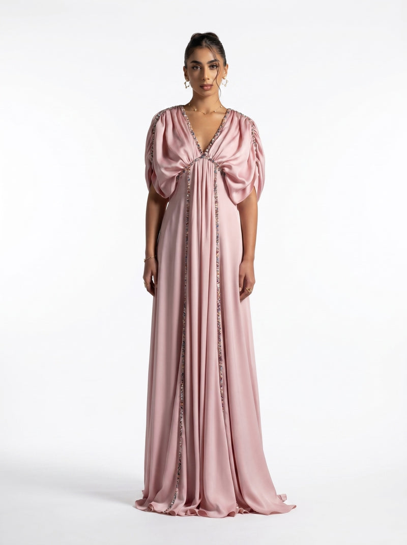Lara Baby Pink Gathered Embellished Flowing Gown