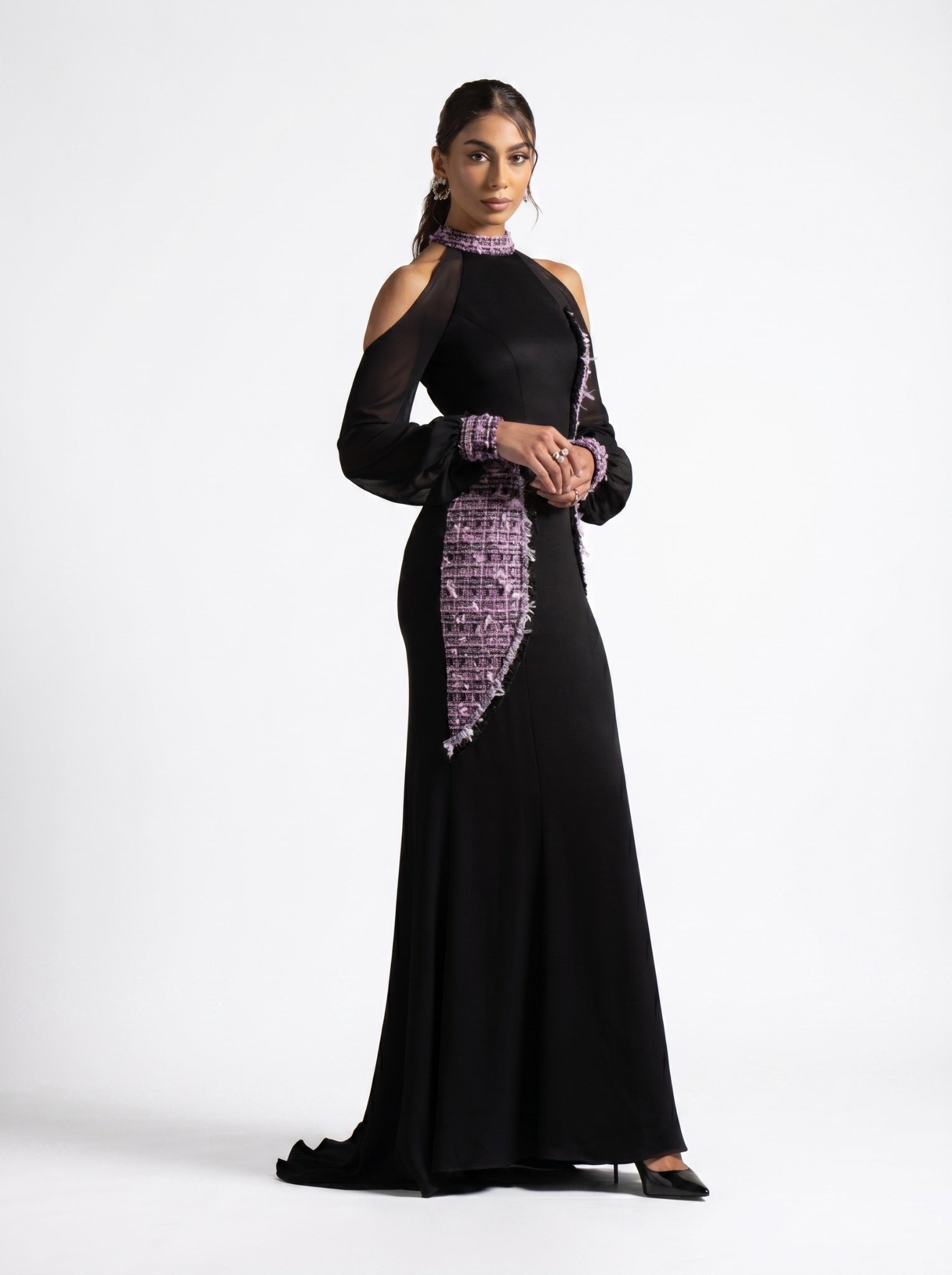 Luna Black Cold Shoulder Sheer Sleeve Tweed Panel Gown