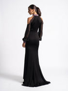 Luna Black Cold Shoulder Sheer Sleeve Tweed Panel Gown