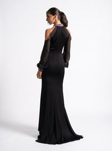 Luna Black Cold Shoulder Sheer Sleeve Tweed Panel Gown