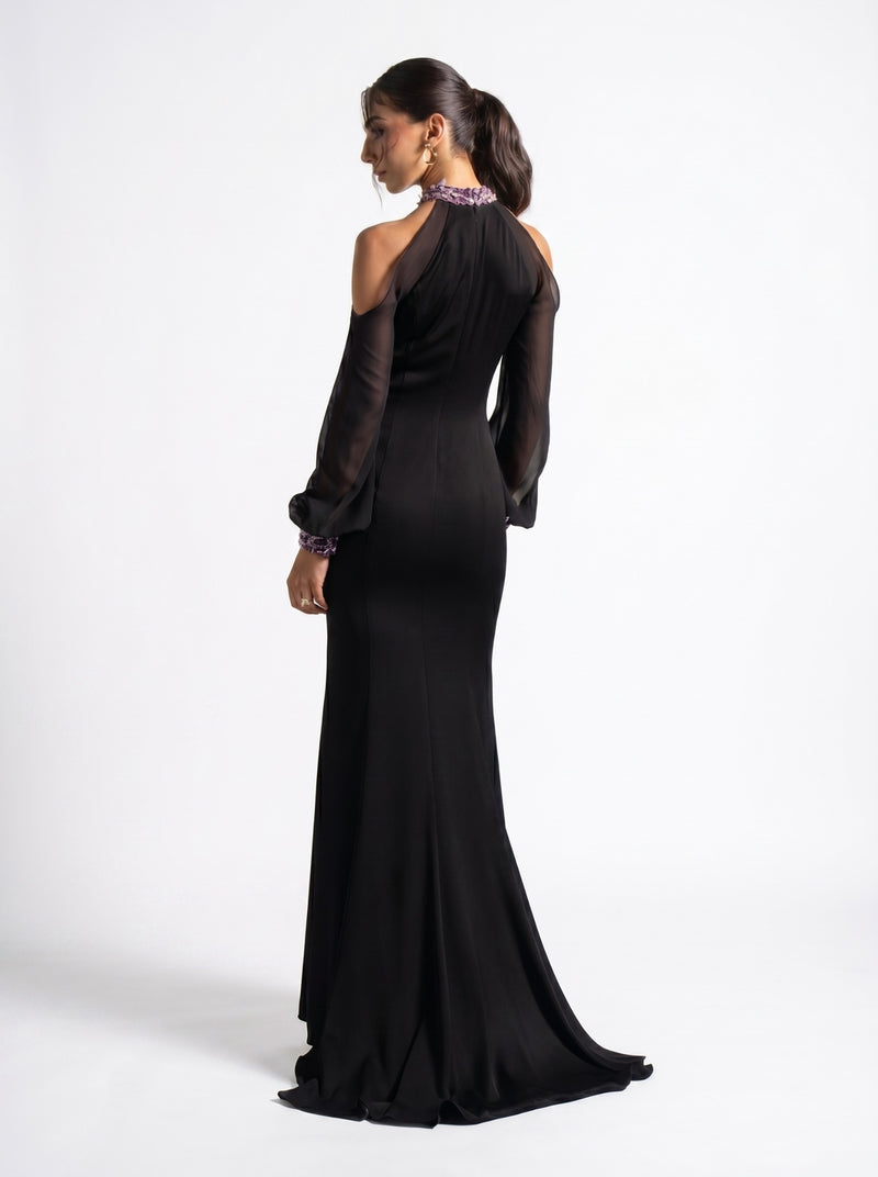 Luna Black Cold Shoulder Sheer Sleeve Tweed Panel Gown
