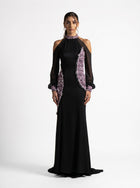 Luna Black Cold Shoulder Sheer Sleeve Tweed Panel Gown
