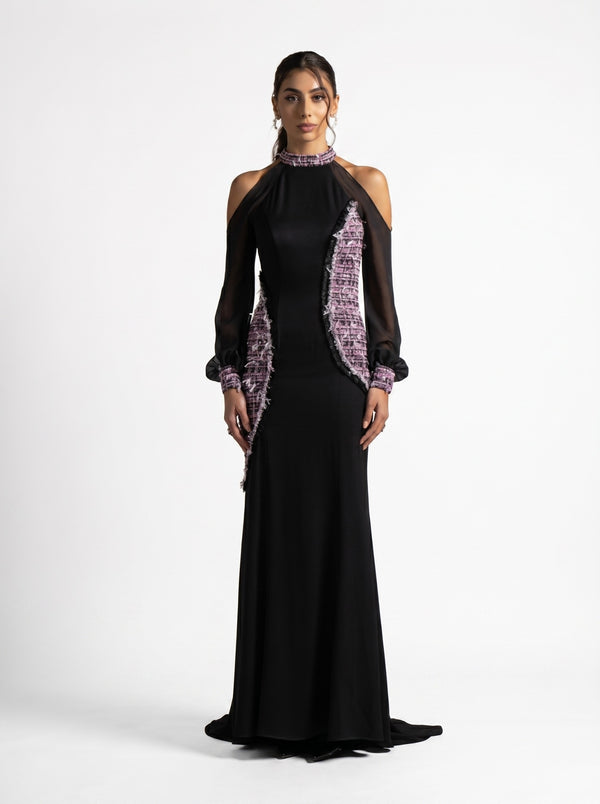 Luna Black Cold Shoulder Sheer Sleeve Tweed Panel Gown