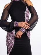 Luna Black Cold Shoulder Sheer Sleeve Tweed Panel Gown