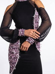 Luna Black Cold Shoulder Sheer Sleeve Tweed Panel Gown