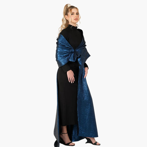 Model showcasing the Storm Dress, an elegant 3-piece ensemble in brocade fabric, perfect for luxury evening wear.