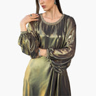 Hera Dress from Esperanza Collection AW24 in metallic gold silk and chiffon with pleated long sleeves and embroidered round neckline.