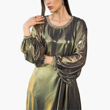 Hera Dress from Esperanza Collection AW24 in metallic gold silk and chiffon with pleated long sleeves and embroidered round neckline.