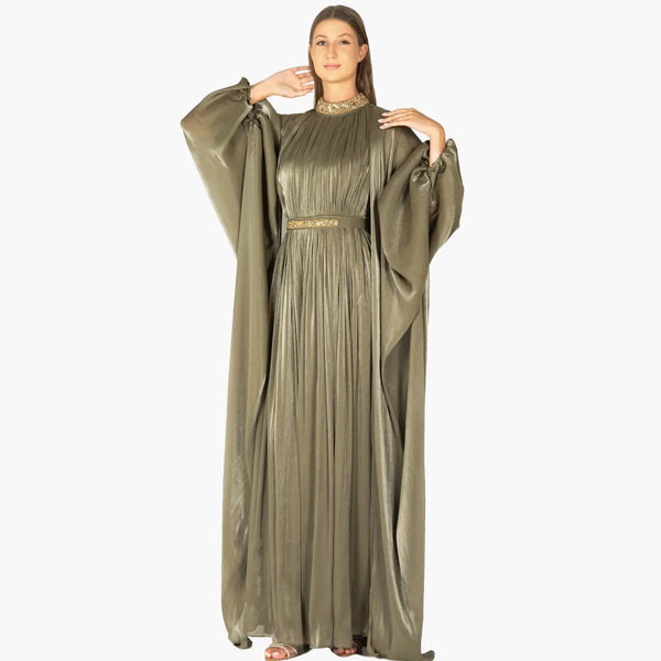 Ayaan Set stunning olive maxi dress from the Storm Collection, perfect for luxury evening wear and high-end fashion events.