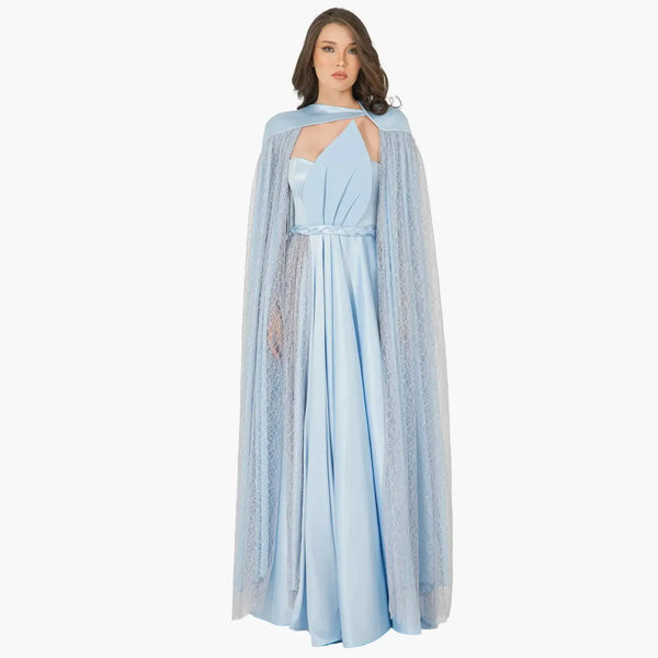 Diamond Dress: Elegant baby blue maxi dress with lace cape and draped details, perfect for evening wear and high end fashion.