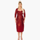 Volcano Dress - Red Brocade Dress with pleated bust and 3/4 sleeves from STORM COLLECTION AW24, front view showcasing structured silhouette.