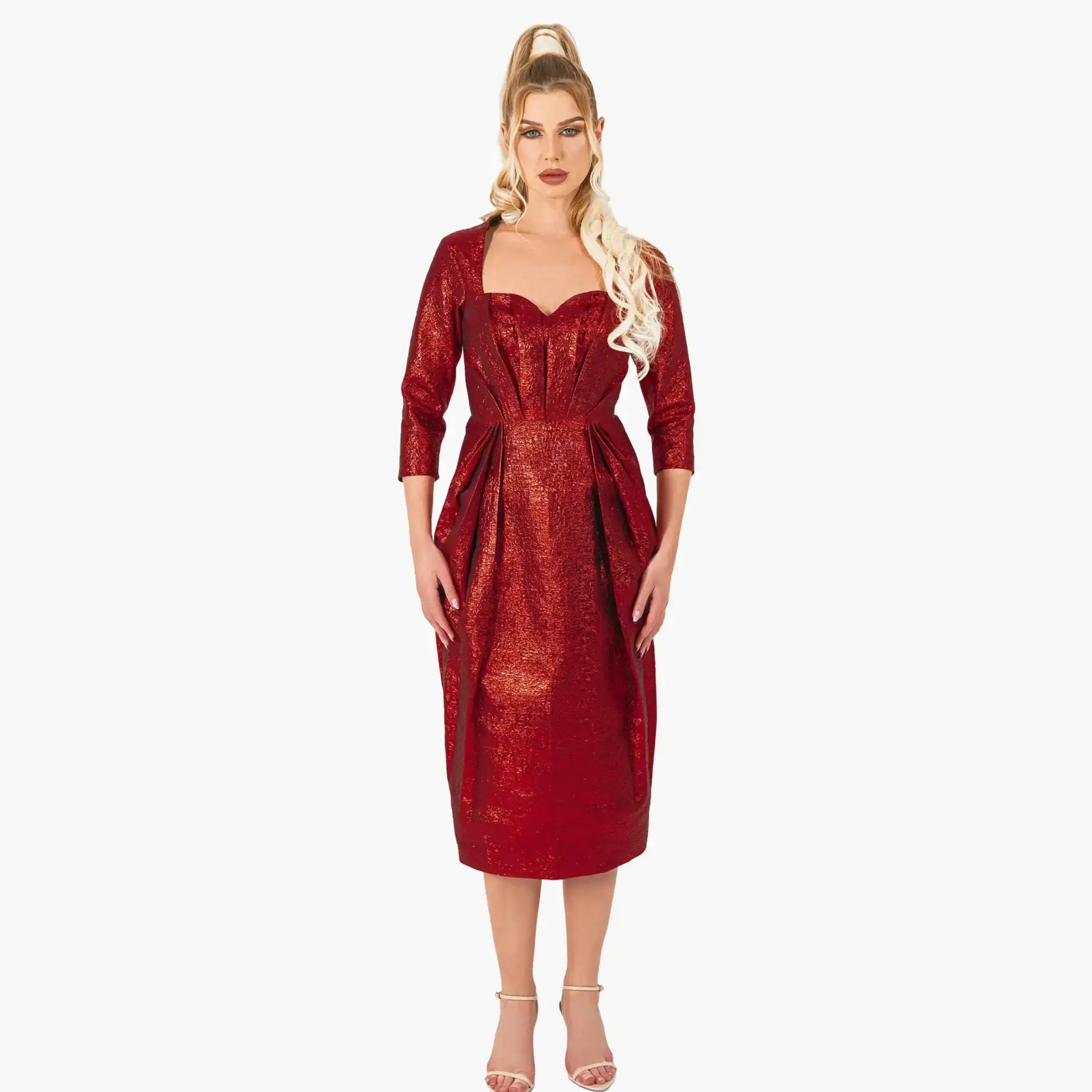 Volcano Dress - Red Brocade Dress with pleated bust and 3/4 sleeves from STORM COLLECTION AW24, front view showcasing structured silhouette.