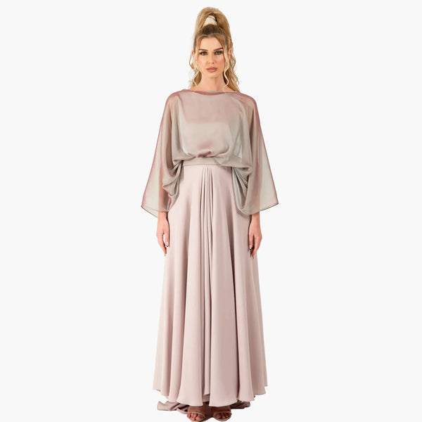 Lauren Dress in oyster pink crepe and chiffon, showcasing chic sophistication and elegance for luxury evening wear.