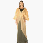 Jewel Dress - Organza Crepe | Draped, Long Sleeves in Gold Sand with olive green base, featuring wrap fit and elegant silhouette from STORM COLLECTION AW24.