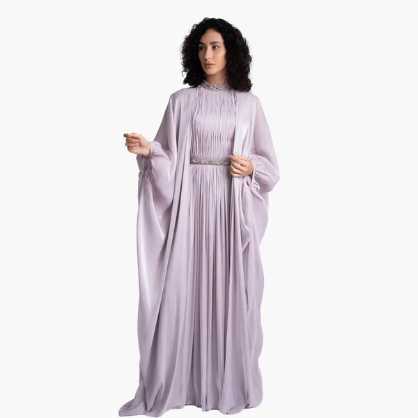 Ayaan Set - regal pleats gown in soft lilac with kaftan-style cape, perfect for high end fashion and evening wear.