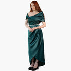 Maia Dress - Emerald Green Satin Gown with off-shoulder corset bodice, lace detailing, and asymmetric skirt from Esperanza Collection AW24.