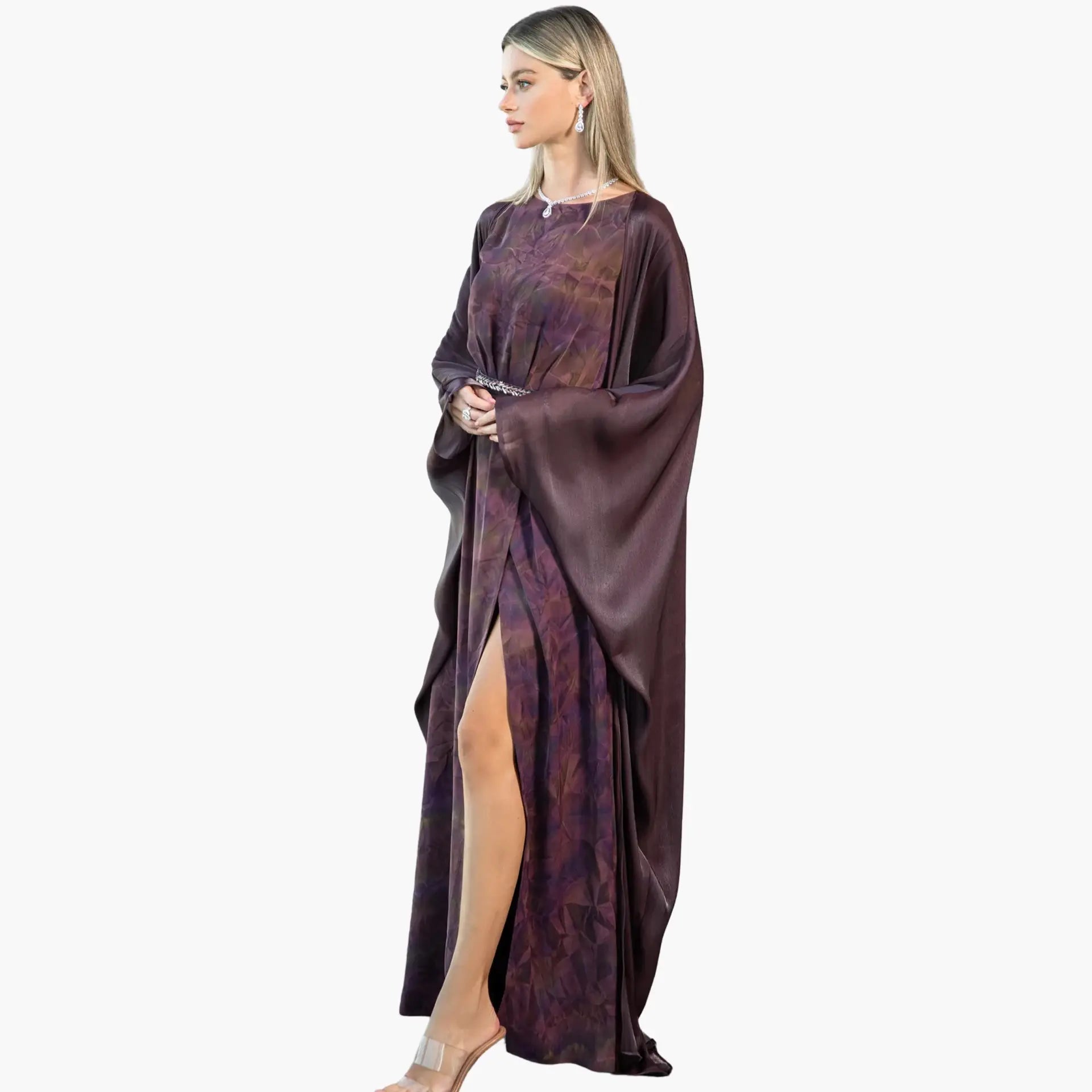 Asha Set - Plum Abstract Cape Dress | Satin Gown featuring a sleeveless satin gown with a dramatic plum cape and thigh-high slit, ideal for galas.