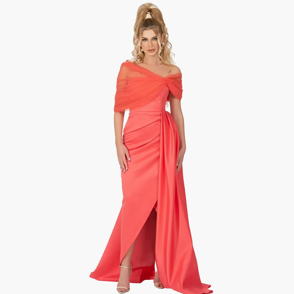 Carolina Dress in vivid tangerine with draped details, perfect for high-end fashion evening wear.