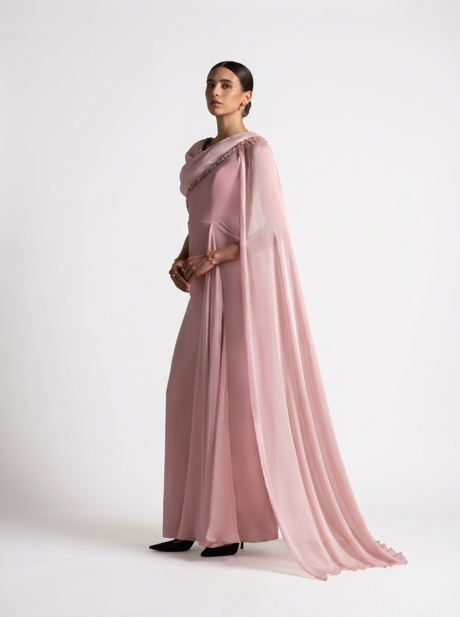 Meghan Pink Quartz Velvet Chiffon Beaded Gown