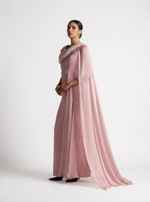 Meghan Pink Quartz Velvet Chiffon Beaded Gown