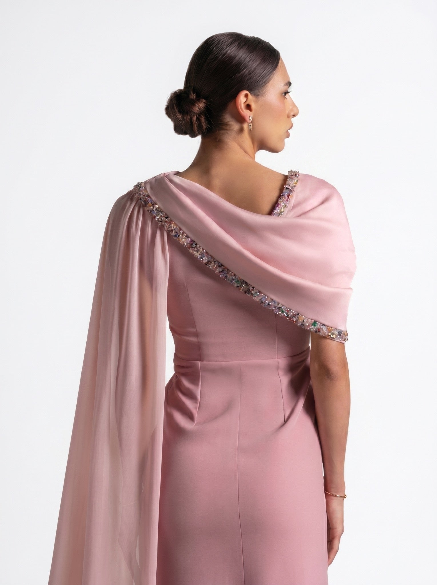 Meghan Pink Quartz Velvet Chiffon Beaded Gown