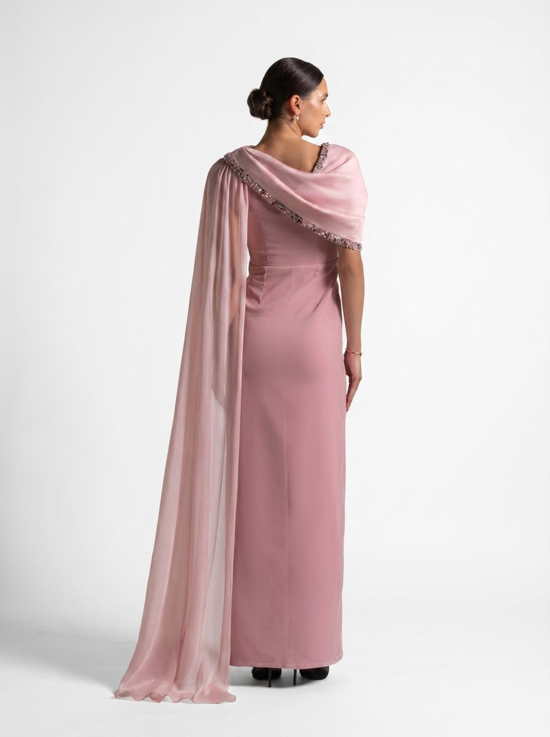Meghan Pink Quartz Velvet Chiffon Beaded Gown