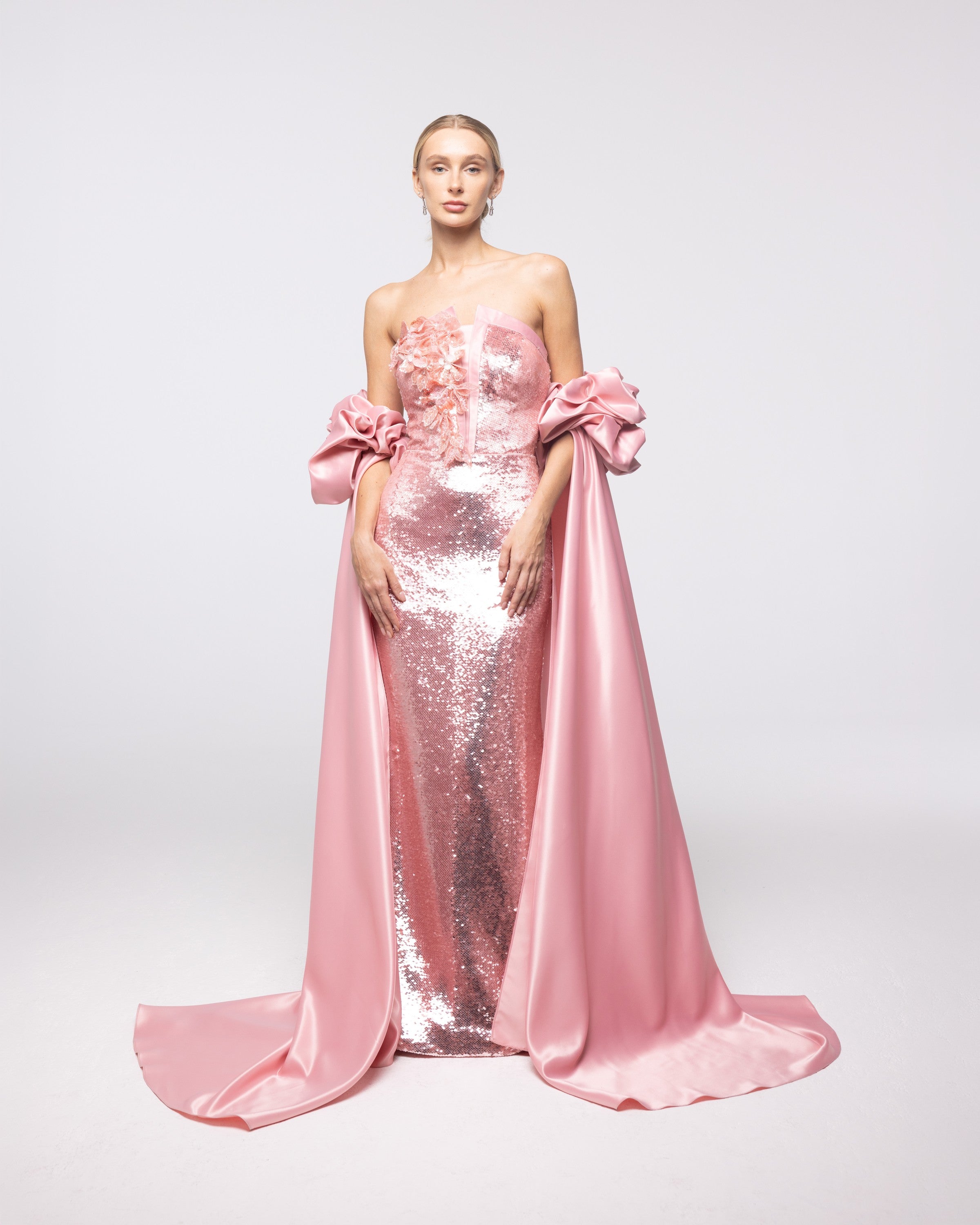 Aphrodite Rose Sequin Strapless Cape Gown, front view | Helen of Troy SS27 | Maison MOOEi
