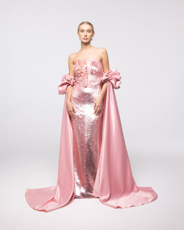 Aphrodite Rose Sequin Strapless Cape Gown, front view | Helen of Troy SS27 | Maison MOOEi