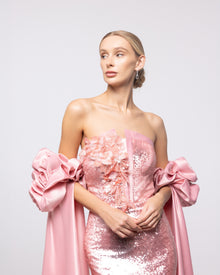Aphrodite Rose Sequin Strapless Cape Gown, close up detail | Helen of Troy SS27 | Maison MOOEi