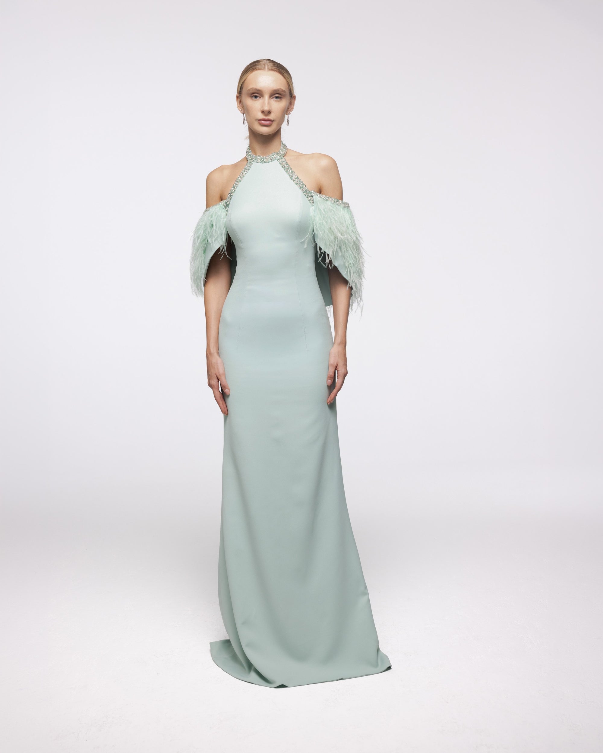 Iris Mint Green Feather Sleeve Halter Gown, front view | Helen of Troy SS27 | Maison MOOEi