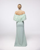 Iris Mint Green Feather Sleeve Halter Gown, back view | Helen of Troy SS27 | Maison MOOEi