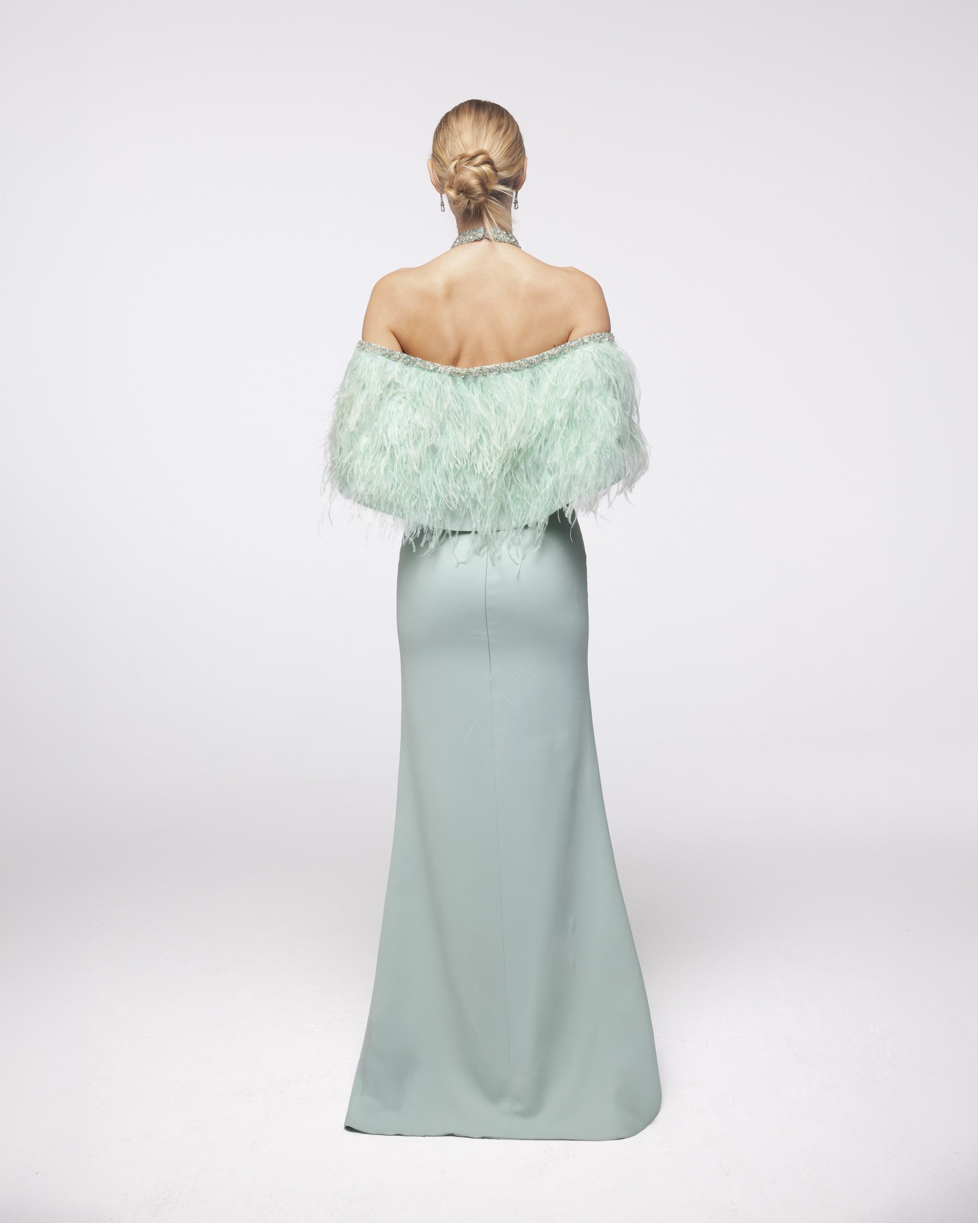 Iris Mint Green Feather Sleeve Halter Gown, back view | Helen of Troy SS27 | Maison MOOEi