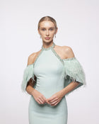 Iris Mint Green Feather Sleeve Halter Gown, close up detail | Helen of Troy SS27 | Maison MOOEi