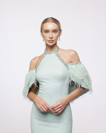 Iris Mint Green Feather Sleeve Halter Gown, close up detail | Helen of Troy SS27 | Maison MOOEi