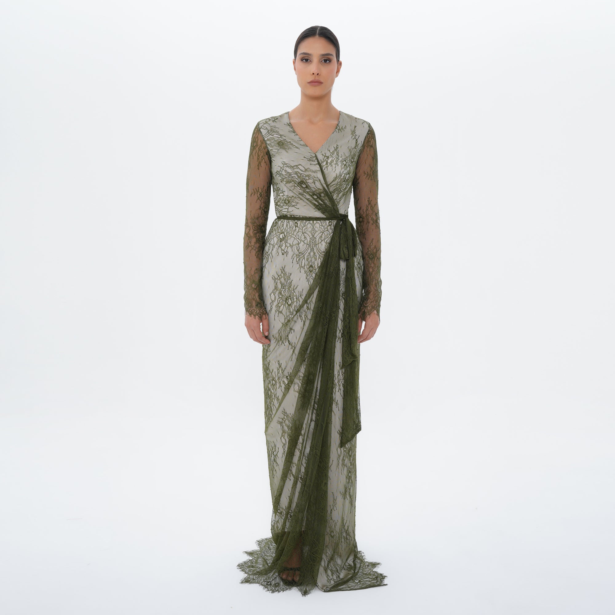 Athena Olive Lace Wrap Gown with Satin Sash, front view | Helen of Troy SS27 | Maison MOOEi