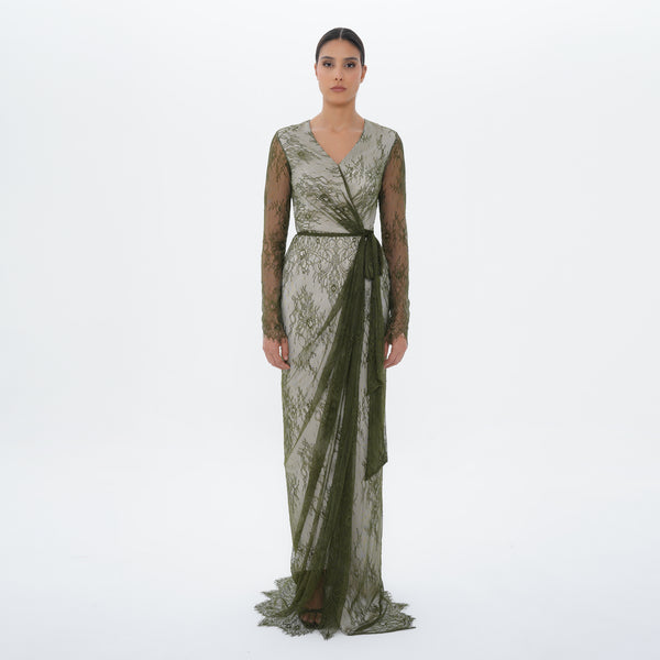 Athena Olive Lace Wrap Gown with Satin Sash, front view | Helen of Troy SS27 | Maison MOOEi