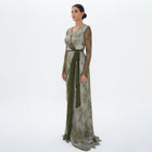Athena Olive Lace Wrap Gown with Satin Sash, front view | Helen of Troy SS27 | Maison MOOEi