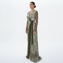 Athena Olive Lace Wrap Gown with Satin Sash, front view | Helen of Troy SS27 | Maison MOOEi